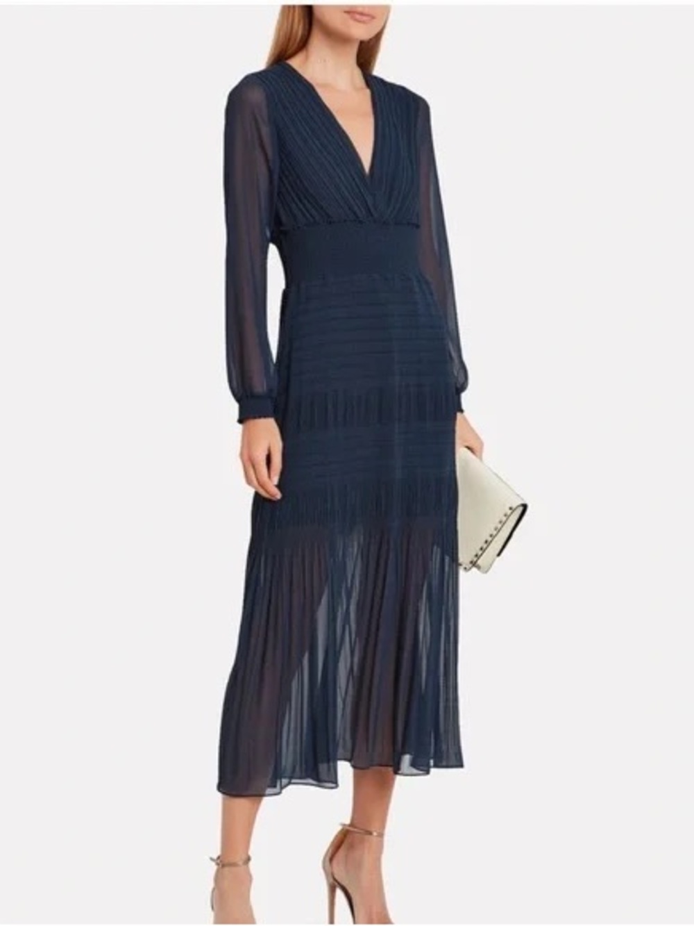 INTERMIX Navy Long-Sleeve Pleated V-Neck Midi Dress